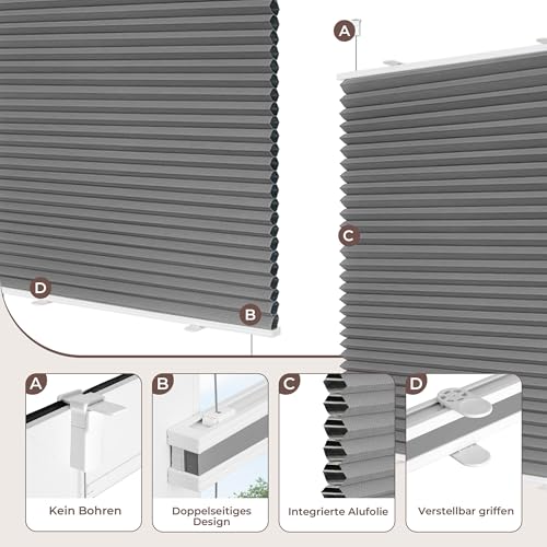 Allesin Wabenplissee ohne Bohren - Verdunklungsplissee 100% Blackout,Grau-weiß 75x90 cm Thermo & Schallschutz Plissee Klemmfix für Fenster… – Ansicht 4