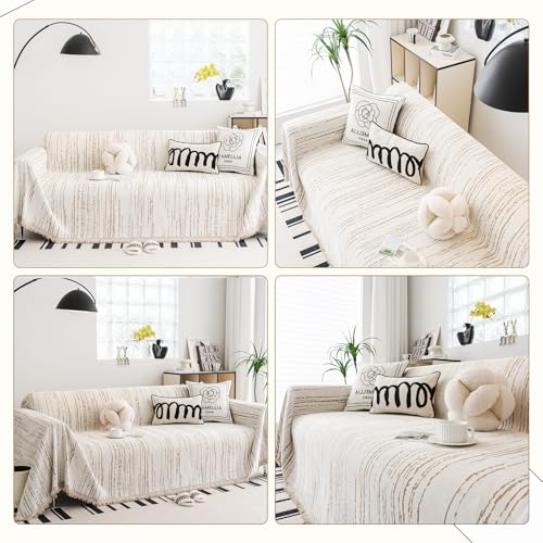 WEYOND Chenille Sofa Überzug waschbar Sofa Cover mit Quasten, haustierfreundliche Sofabezug & Couch Überwurf & Sofahussen für Sektionalsofa, Loveseat, 2/3/4-Sitzer (180 x 300 cm, Khaki)