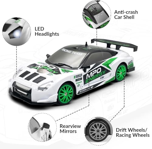 Image of Rc Drift Remote Control Car 1:24 Scale, High-Speed, 4Wd, Lights, Rechargeable Racing Car, Drifting Tires, 2.4Ghz, for Kids (1:24 RC Drift - White)