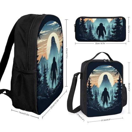 Sasquatch Bigfoot Backpack Adjustable Shoulder Daypack Laptop Bag with Lunch Box and Pencil Case 3 in 1 Set2