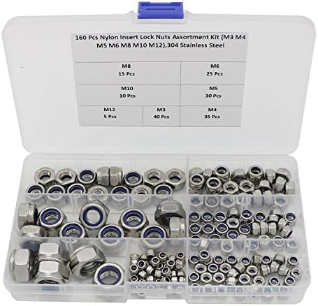 160 Pcs Stainless Steel Lock Nuts Assortment Kit, M3 M4 M5 M6 M8 M10 M12 Nylon Insert Locknut