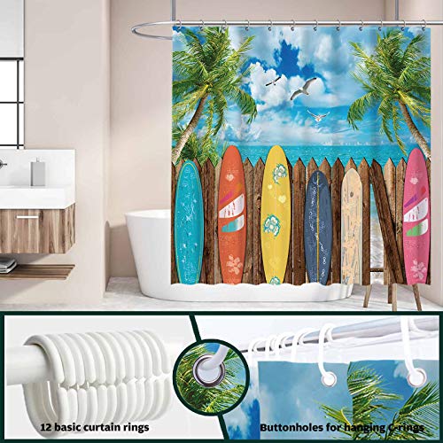 Funnytree Summer Surfboard Beach Shower Curtain Set With Hooks Tropical Seaside Palm Sea Bath House Bathroom Bathtubs Decor Easy Care Washable Durable Polyester Fabric 72"X72" #TOP3