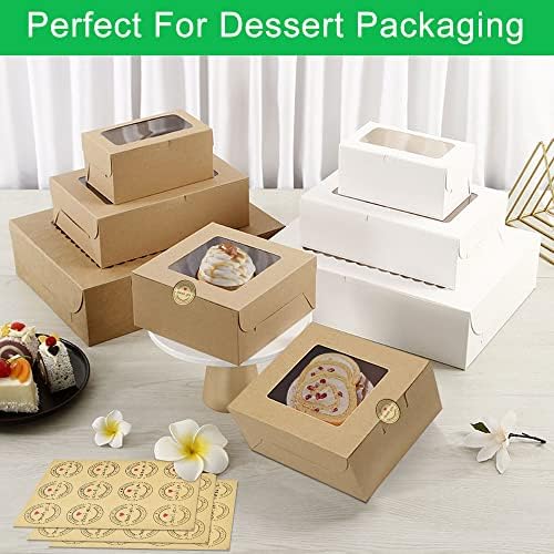 RECHCIGA 25PCS Bakery Boxes with Window Kraft Paper Cake Boxes Single Cupcake Boxes Mini Pastry Boxes Brown Kraft Gift Box with Sticker for Cookies Pie Cupcakes Bread Candy Slice Gifts Packaging