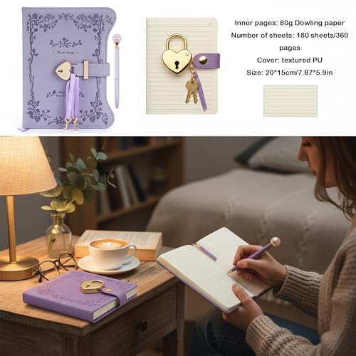 Journal intime avec serrure et clés en cuir PU violet de qualité
