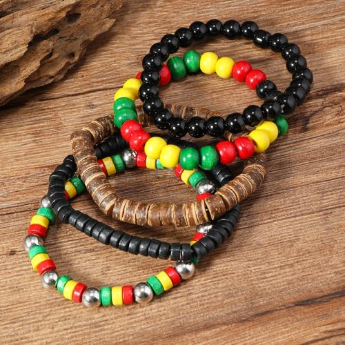 Black History Month Stackable Bracelets Set Juneteenth Accessory African Wooden Beads Stretchable Bracelets Black Yellow Red Green African Jewelry for Women4