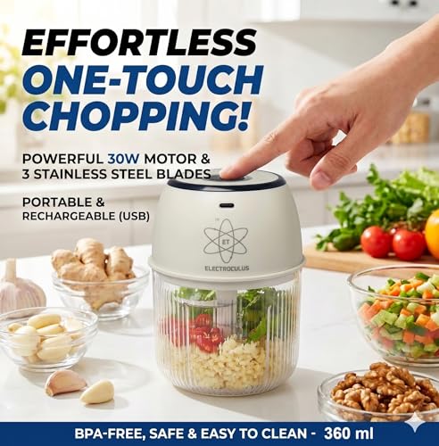 Image of Rechargeable mini electric chopper for kitchen,360 ml, Food Grade Bowl, Stainless Steel Blades, One Touch operation, Mincing Garlic, Ginger, Onion, Vegetable,Nuts(color-SMOKE WHITE)