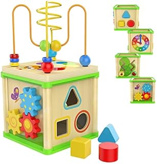 TOP BRIGHT Drewniana kostka motoryczna od 1 roku życia, 5 w 1, centrum gier, zabawka edukacyjna dla dzieci od 12 miesięcy, zabawka edukacyjna dla chłopców i dziewczynek, prezent
