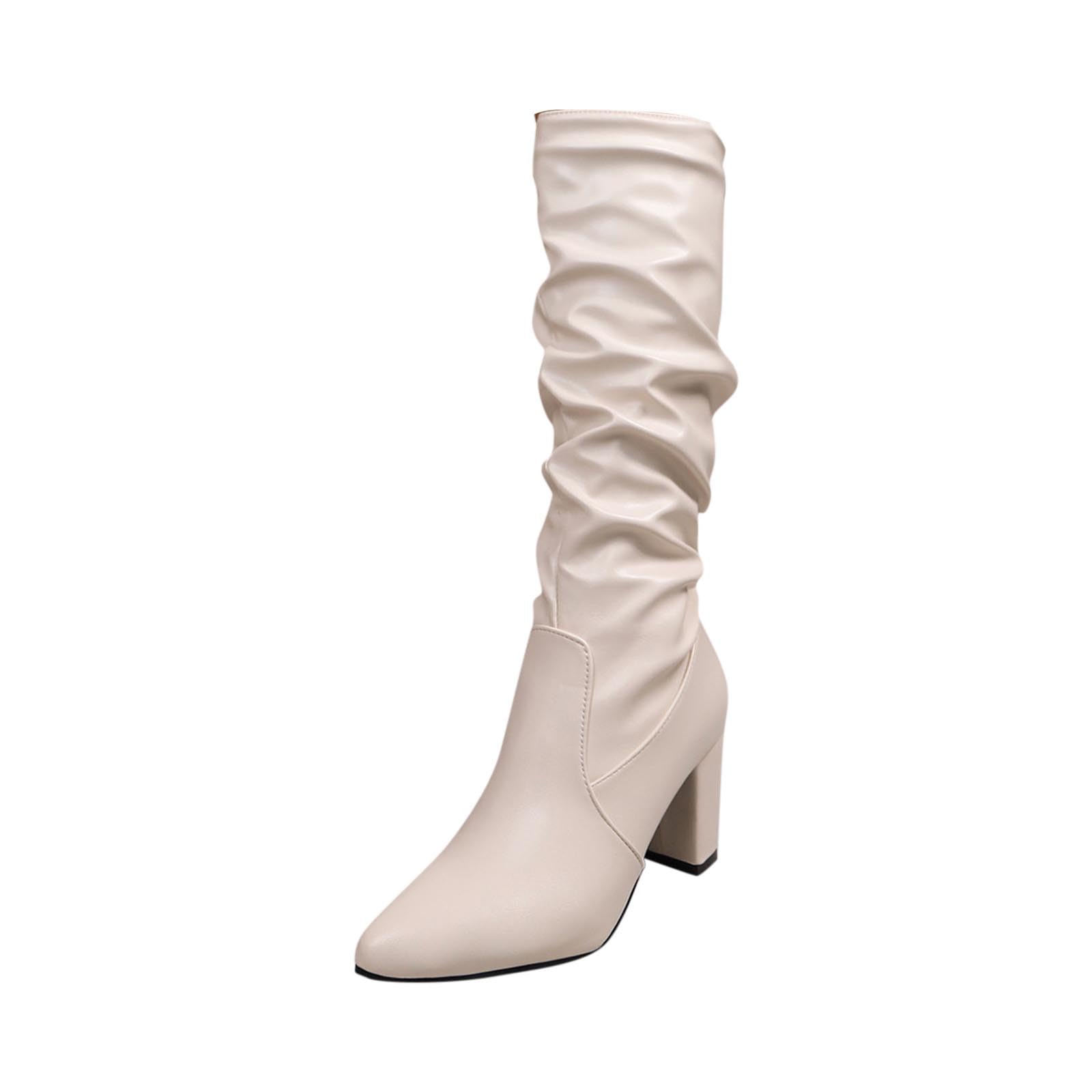 Womens Knee High Boots Pointed Toe Chunky Mid Heel Tall Boot Soft Comfy Lining Wide Calf knee-length Shoes