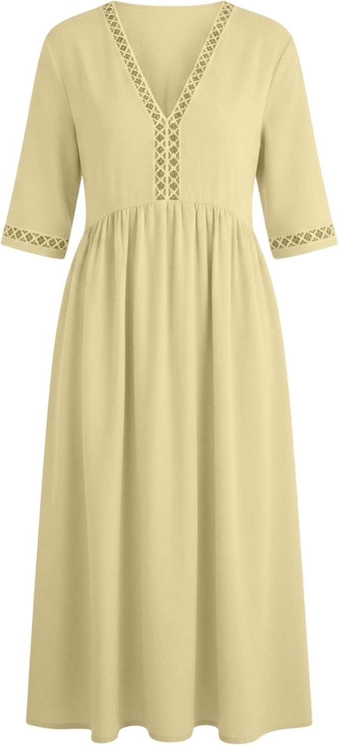 Summer Dresses for Women Cotton Linen Elegant Short Sleeve Maxi Dress V Neck Flowy Hollow Out Lace Boho Sundress