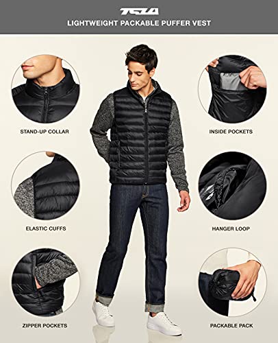 Tsla Men's Lightweight Packable Accent Puffer Vest, Water-Resistant Winter Outdoor Vests, Ascent Puff Vest Black, Large #TOP2