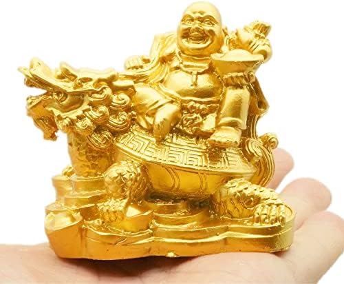 Elionless Laughing Buddha, Chinese Feng Shui Laughing Buddha Riding Dragon Turtle Statue Home Office Maitreya Buddha Ornament Decoration Attract Wealth and Good Luck (Gold)