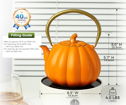 Image of VICSKY Orange Pumpkin Cast Iron Teapot, Natural Pumpkin Color, Japanese Cast Iron Tea Kettle Stovetop Safe with Infuser, Cute Creative Pumpkin Halloween Teapot(40oz /1200ml, Orange)