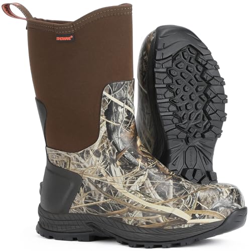 Showave Men's Rain Boots Excursion Rubber Boot Calf High Waterproof Insulated Mud Boots Outdoor Footwear for Trekking Gardening Farming Hunting Fishing