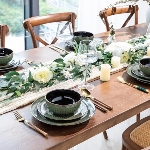 LeRatio Geschirrset für 6 Personen, 18-tlg Reaktive Glasur Steingut Geschirr Set, Keramik Kratzfestes- Schüssel- und Teller-Set, Spülmaschinen- und Mikrowellenfestes (Jadegrün, 18 Teile Set)