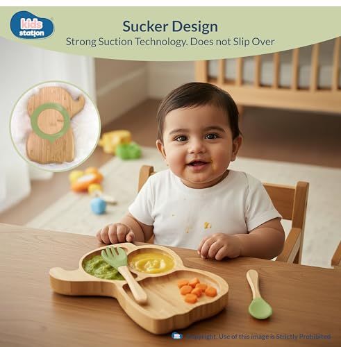 Image of Kids Station Elephant Wooden Feeding Plate with Spoon and Fork for Babies - Green | Eco-Friendly Self-Feeding Baby Tableware Set (3 pcs)