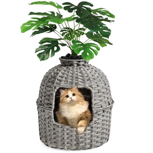 Image of SETVSON Cat Litter Box Plant Enclosure, Hidden Handwoven Rattan with Cat Litter Box Furniture and Artificial Plants, Odor Control Filter, Real Stones in Living Room, Bedroom, Corner (Gray)