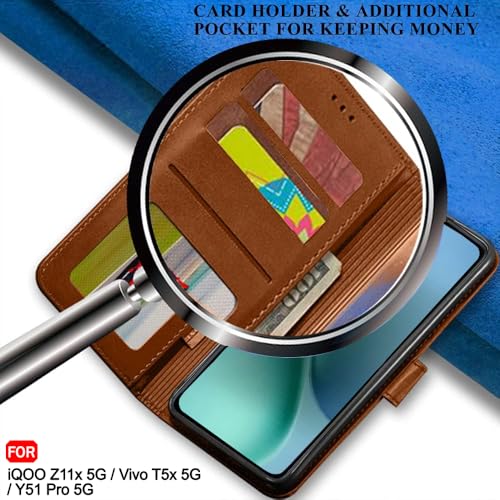 Image of TheGiftKart Flip Back Cover Case for iQOO Z11x 5G / Vivo T5x 5G / Vivo Y51 Pro 5G | Genuine Leather Finish | Designer Button | Inbuilt Pockets & Stand | Flip Back Case Cover (Faux Leather, Brown)