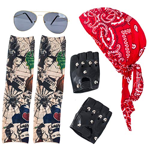 Tigerdoe Biker Costume - Rocker Costume - Biker Skull Cap, Aviators, Studded Gloves & Tattoo Sleeve - Rockstar Costume - 4 Pc Set Red