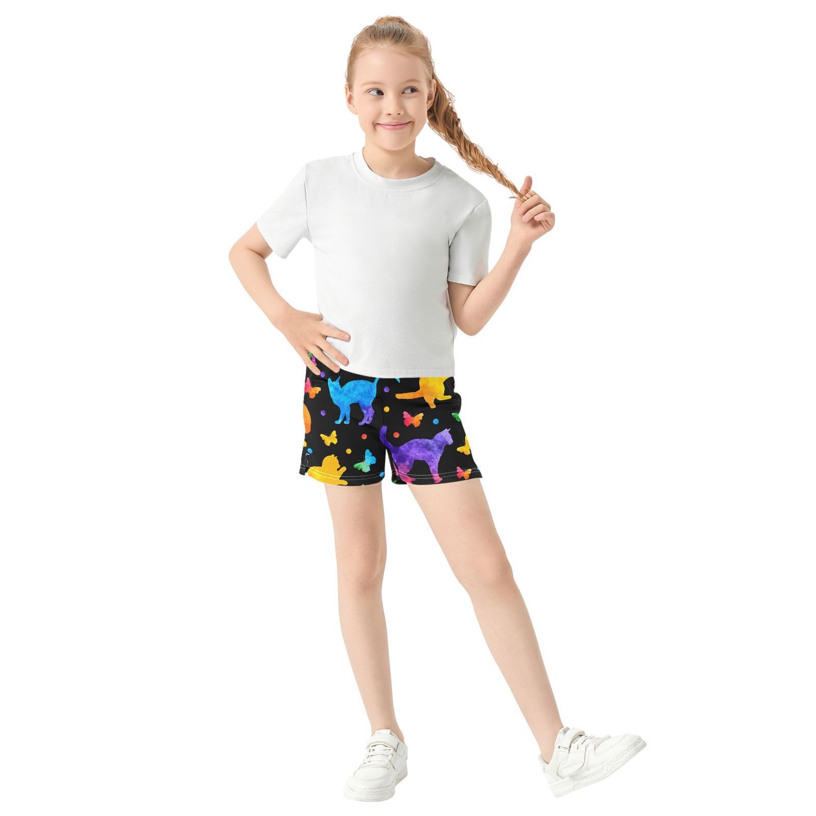 pnyoin Girl's Shorts Cute Cats Colorful Butterflies Athletic Running Shorts with Pockets Size 12-13t Multi