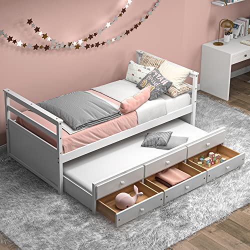 Xilingol Twin Bed With Trundle And Storage Drawers, Captains Bed Frame With Pull Out Bed, Wooden Slat Support No Box Spring Needed, White #TOP12
