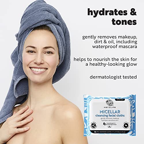 Herolife Micellar Cleansing Facial Cloths, Plant-Based, Biodegradable Formulated With Plant-Derived Ingredients (4 Packs Of 25 = 100 Thick, 7.1” X 7.5” Large Size Wet Wipes) #TOP3