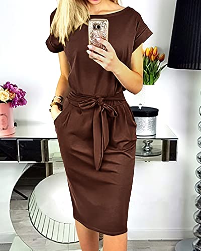 Image of PRETTYGARDEN Women's Summer Short Sleeve Crewneck Striped Dress Basic Solid Tie Waist Office T Shirt Dresses Pockets