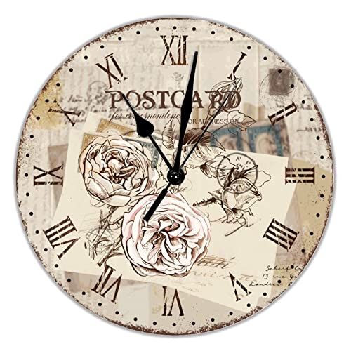 Relojes de pared redondos de PVC con diseño de rosas francesas, funciona con pilas, cuarzo silencioso, 12 pulgadas, rústico, elegante, decoración de casa de campo, para cocina, hogar, baño, sala de