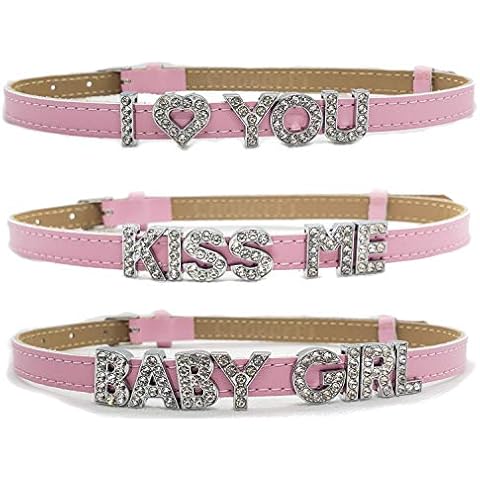 3 Pack Collars I Love You, Kiss Me, Baby Girl - Cute Adjustable Choker Necklaces Pink Leather Cover