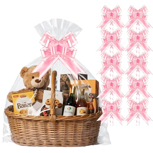 PigPotParty 10 Pack 24x30 Inch Large Cellophane Bags for Gift Baskets, Thick Clear Plastic Basket Wrap, Includes 10 Large Gold Pull Bows