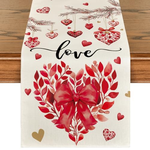Artoid Mode Love Heart Shaped Leaves Floral 210 GSM Valentine's Table Runner, Wedding Kitchen Dining Table Decoration for Home Party Decor 13x48 Inch