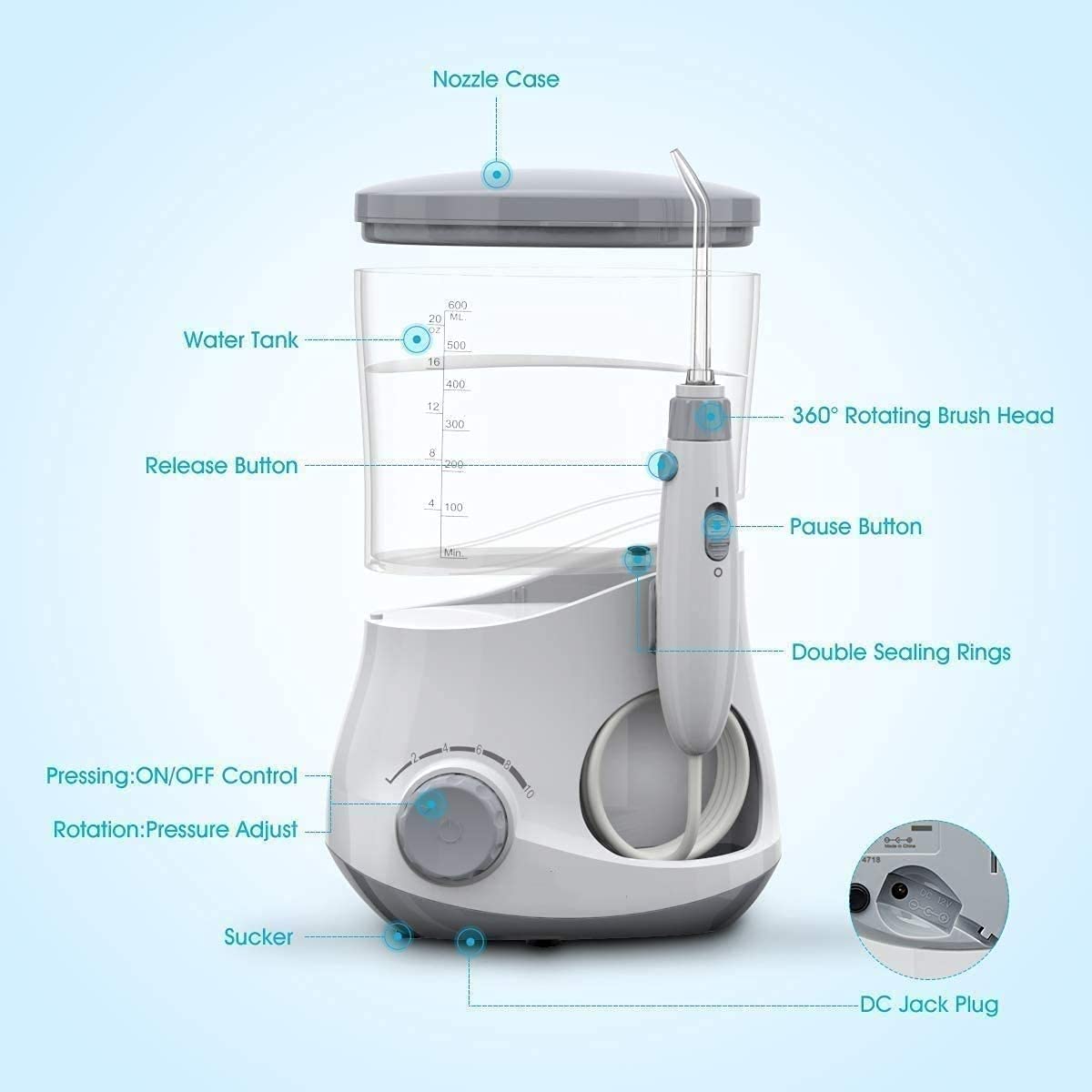Riego Oral del encimera Dental eléctrico para los Dientes, el Tanque de Agua de 600 ml 10 Modos Ajustables 6 Puntas de Jet multifuncionales, para la Familia