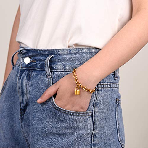 Goldchic Jewelry Gold Chain Bracelet With Lock Charm, Women's Engraved Padlock Cable Link Bracelets #TOP7