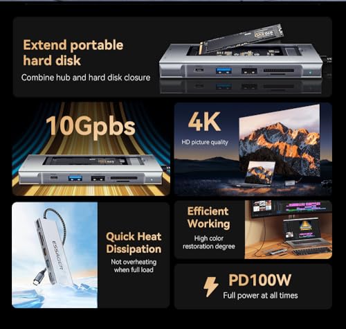 Image of INICIO 8 in 1 USB C Hub with M.2 NVMe SATA SSD Enclosure Hub (NO SSD) USB C 10Gbps, 4K HDMI, USB 3.2 Gen2, PD100W for Mac mini M4 MacBook iPad Pro Air iPhone 17 16 15 Pro S26 S25 Ultra XPS 13 /15