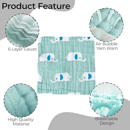 Image of BEMBIKA Baby Face Towels for Boys Girls Fleece Muslin Face Towel Unisex Baby Cotton Washcloths for Newborn Napkins for Infants - Sage Elephant