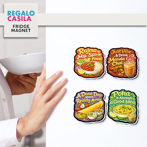 Image of Regalo Casila Indian Food Quotes Fridge Magnet 4 Pc Set Tourism Souvenir Wooden Travel Magnet Rajma Chai Dosa Poha Refrigerator Magnet Decorative Kitchen Decor Gift