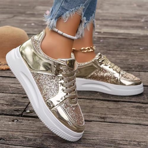 Platform Sneakers for Women, Bling Sequin Women's Fashion Sneakers Glitter Shoes Lace Up Sparkly Sneakers Shiny Casual Shoes for Women, Mens Glitter Sneakers Boys Tennis Shoes(Size:4,Color:Rose Gold)3