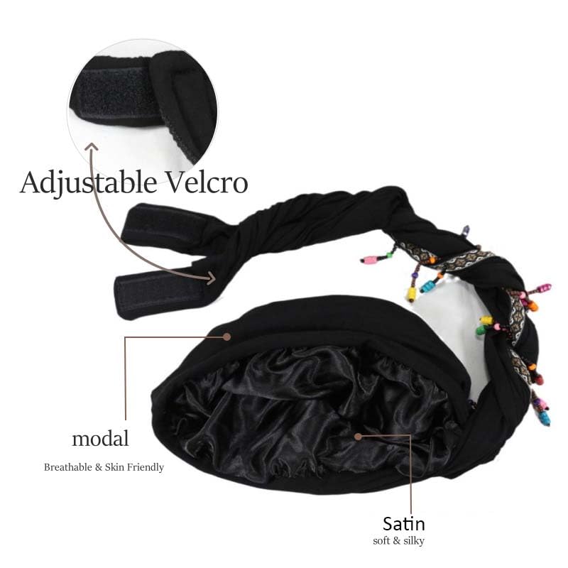 Turban Hats for Women Girls Beaded Tassels African Head Wraps Satin Lined Turban Durag Twisted Braid Bonnet Hair Wrap3