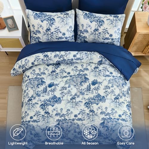 Image of DJY Navy Blue Comforter Set Queen Size,7 Pieces Bed in a Bag Botanical Comforters with Sheets Elegant Plants Print Soft Microfiber Reversible Complete Bedding Sets for All Season