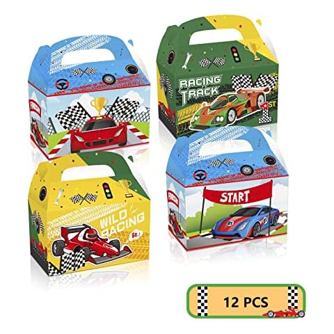 PRATYUS Race Car Party Favor Boxes, 12 Pack Let's go Racing Paper Goodie Treat Boxes for Racing Car Theme Party Supplies Decoration,Kids Car Birthday Party Cover