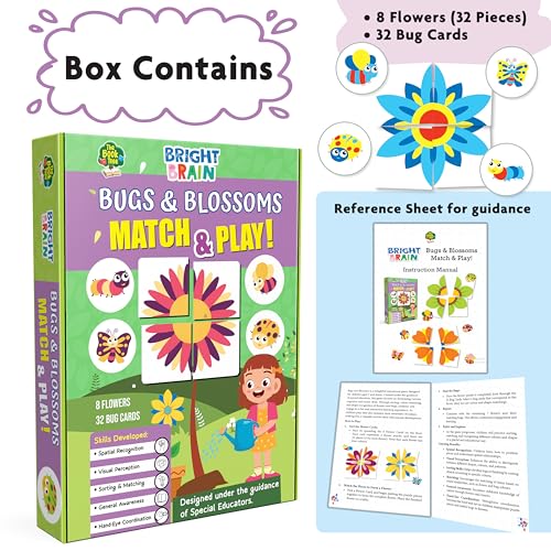Image of Bright Brain Bugs and Blossoms Match and Play Game, 8 Flowers 32 Bug Cards, Sorting Color Matching Toy, Montessori Educational Game for Toddlers Ages 3+, Gift for Kids