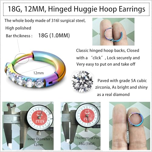 Image of Hypoallergenic Unisex Surgical Steel Small Cubic Zirconia Huggie Hoop Earring, Color Gold - Silver - Rose Gold - Black - Rainbow, Size 6mm- 12mm Safe for Sensitive Ear