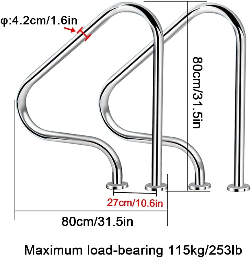Pool Handrail Railing Stainless Steel with Base Plate Indoor Outdoor PoolsStainless Steel Pool Handrail - Swimming Safety Grips for Entry Stairs and Ramps, Easy Mount with Base Plate for Ing