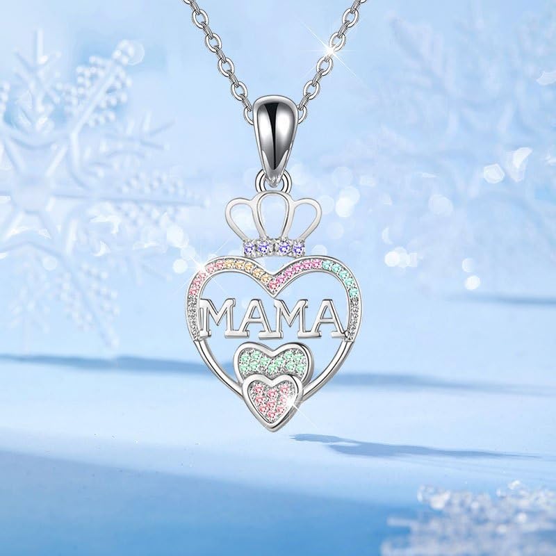 1 Pcs Mama Heart Crown Necklace Sterling Silver 18+2 Inch Adjustable Chain Sparkling Rhinestone Jewelry Trendy Birthday Gift for Mom Women Teen Girls