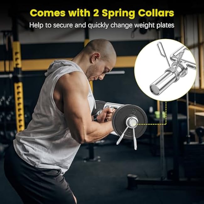 Goplus 34¡¯¡¯ Olympic Triceps Bar, 700LBS Capacity Steel Weight Barbell w/Knurled Handles, 2 Spring Collars, Home Gym Strength Training Bar for Weightlifting, Squats, Deadlifts, Shrugs