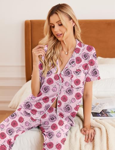 Image of Ekouaer Womens Pajamas Set Short Sleeve Button Down Top & Pants Lounge Pjs | Soft Sleepwear with long pants, ideal for Home relaxation, Wedding, Party, Daily Wear & Breastfeeding