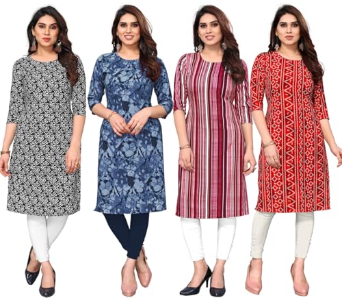 Image of JAKHANA Women's Crepe Printed Casual Straight Calf Length Round Nick Kurta Pack of 4
