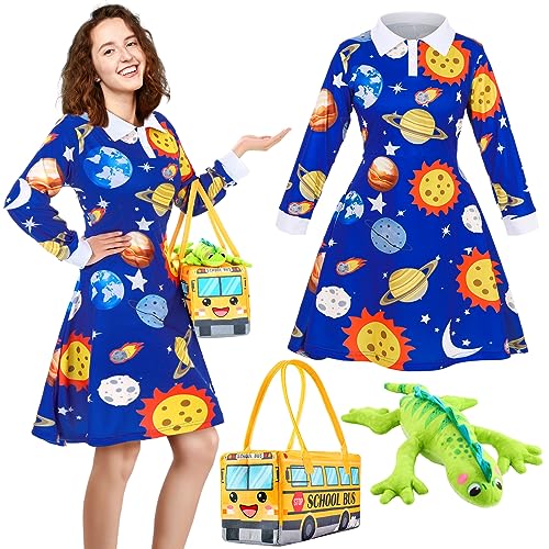 Ramede 3 Pcs Women Halloween Teacher Costume Set Vintage Long Sleeve Dress with School Bus Bag for Halloween Role Play Party (Planet Print Blue,Large)