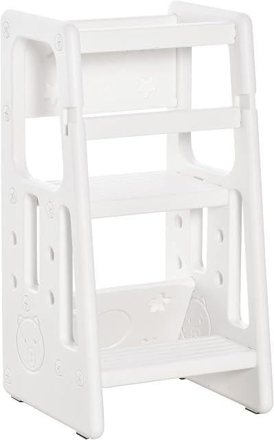 HOMCOM Kids Step Stool Adjustable Standing Platform Toddler Kitchen Stool -Standing Tower for Kids Kitchen Counter with Three Adjustable Heights, White