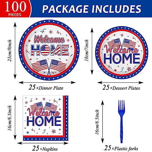 Image of 100Pcs Military Welcome Home Decorations Patriotic Army Soldier Homecoming Plates Napkins Proud of You Deployment Returning Party Decor Supplies Red White Blue Welcome Home Tableware Serve 25 Guests
