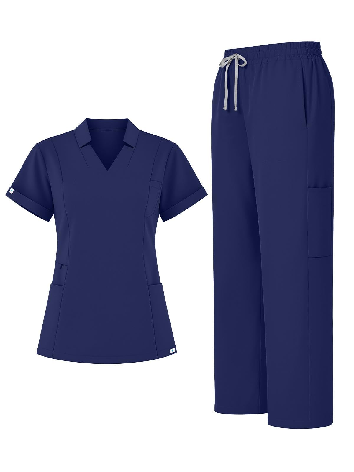 Scrubs for Women Set, Notched V-Neck Top &amp; Straight-Leg Pants